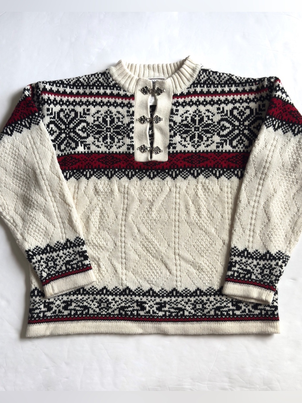 Vintage Meister Fair Isle Nordic Sweater Mens S Cream Black Wool Blend Snow Ski